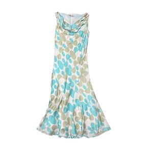 Vintage Y2K Silk Cowl Neck Dress 8 Satin Slinky Midi Flared Blue Green Print